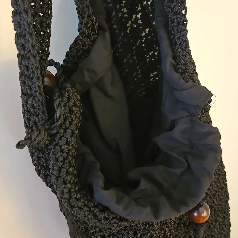 Vintage Black Crochet Drawstring Nap Sack Hobo Festival Bag with Coin Pouch